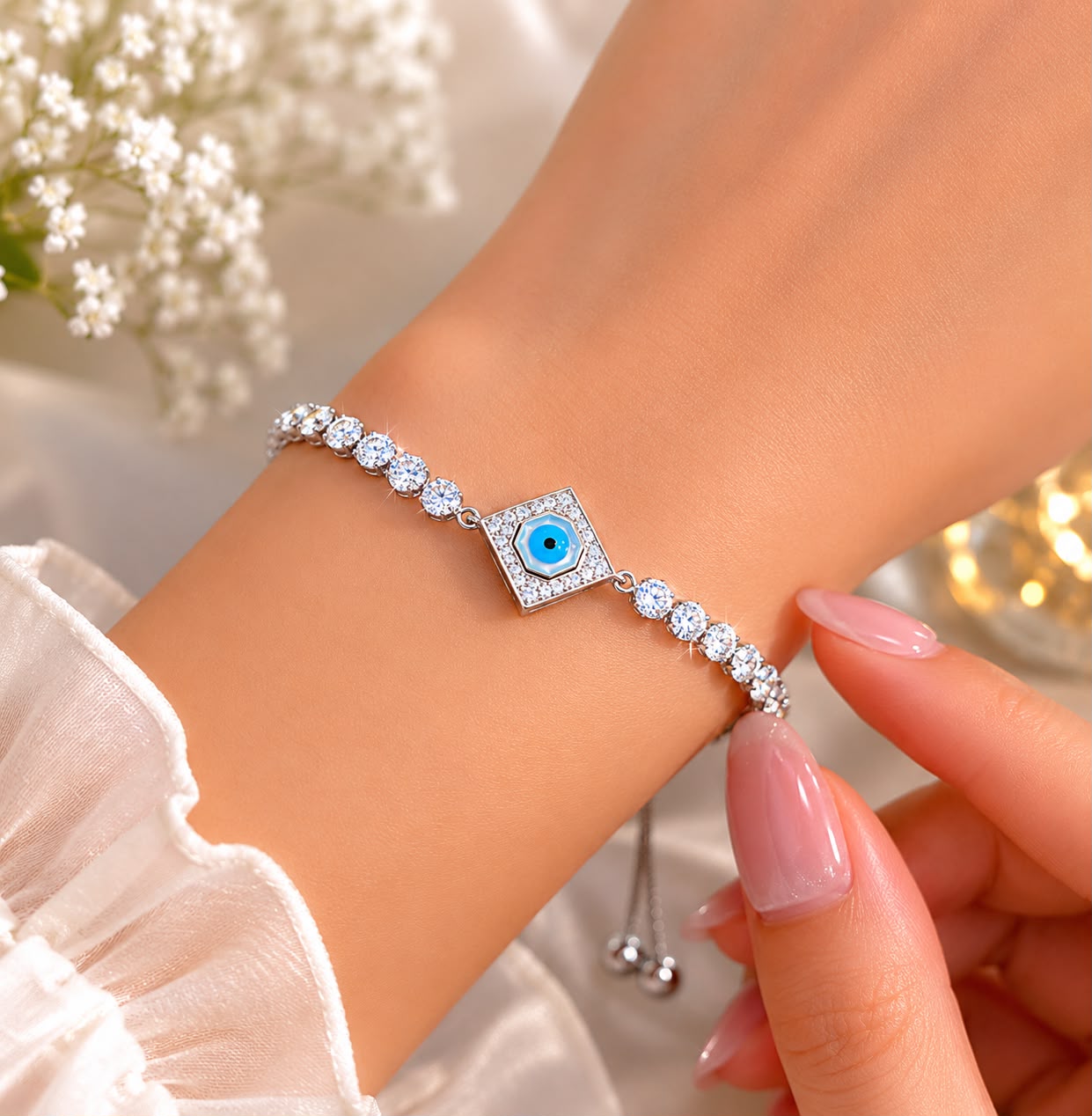 925 Sterling Silver Evil Eye Adjustable Tennis Bracelet for Women | Cubic Zirconia Luxury Bracelet