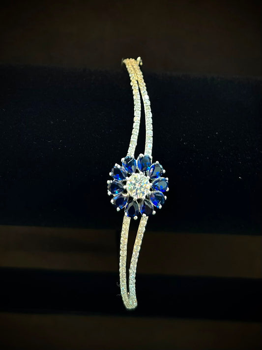 Royal Sapphire Bloom 925 Sterling Silver Bracelet – Luxury Floral Sparkle Cuff