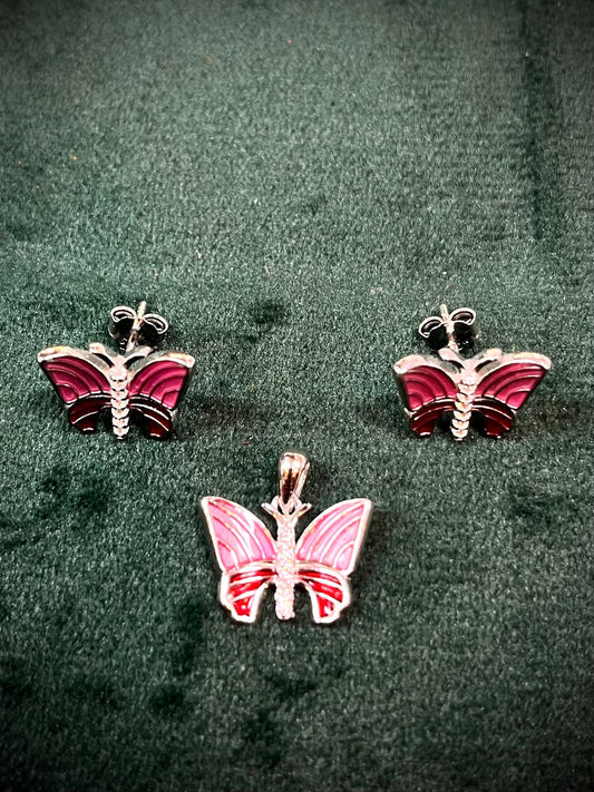 Rose Flutter 925 Sterling Silver Butterfly Pendant & Earrings Set
