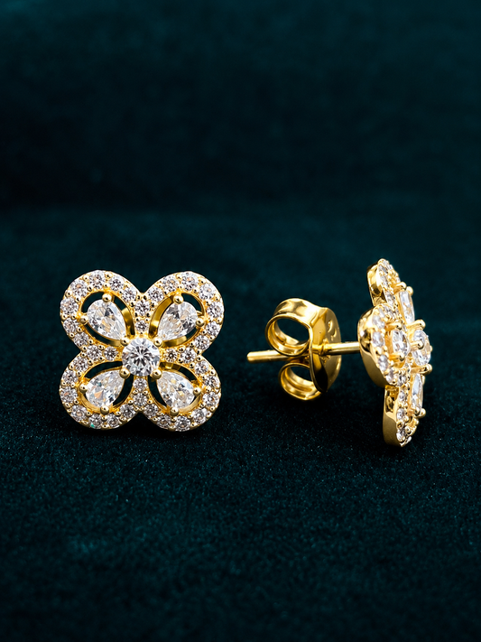 Luxury 925 Silver Gold-Plated Four-Leaf Clover CZ Stud Earrings