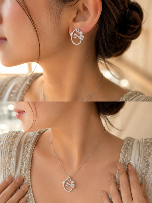 Celestial Sparkle 925 Sterling Silver Pendant Set with Chain & Earrings for Women