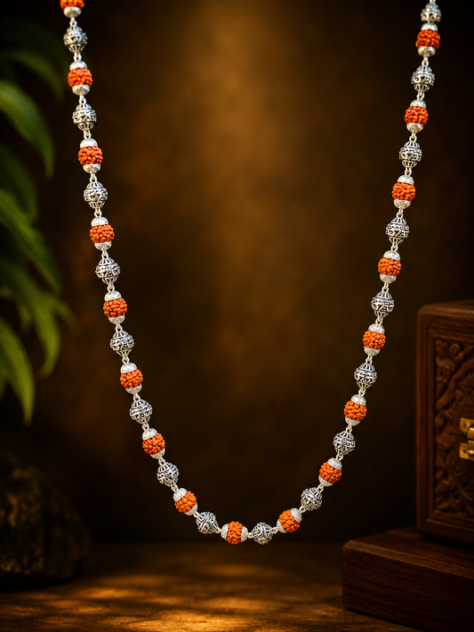 925 Sterling Silver Om Rudraksha Mala – Sacred Spiritual Necklace for Men & Women