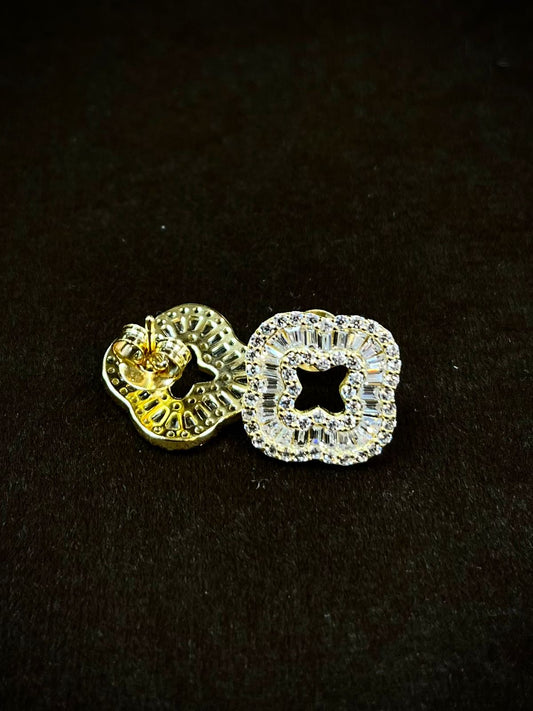 Luxe Dual-Tone Clover Zircon Stud Earrings – 925 Sterling Silver