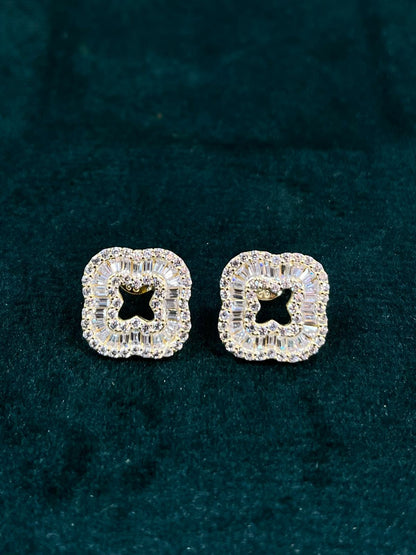 Luxe Dual-Tone Clover Zircon Stud Earrings – 925 Sterling Silver