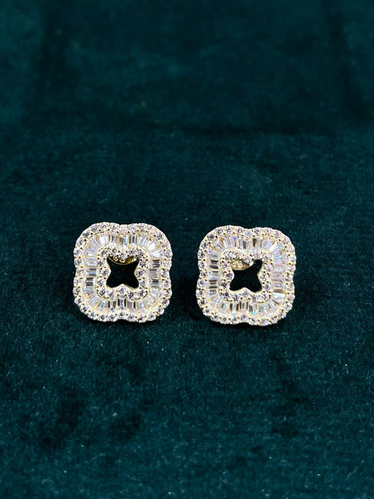 Luxe Dual-Tone Clover Zircon Stud Earrings – 925 Sterling Silver