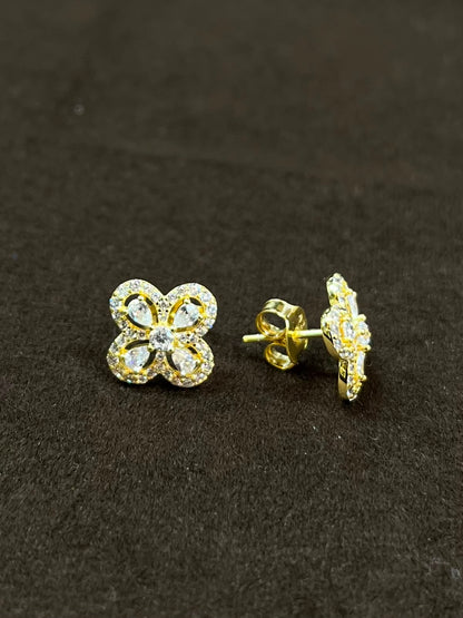 Luxury 925 Silver Gold-Plated Four-Leaf Clover CZ Stud Earrings
