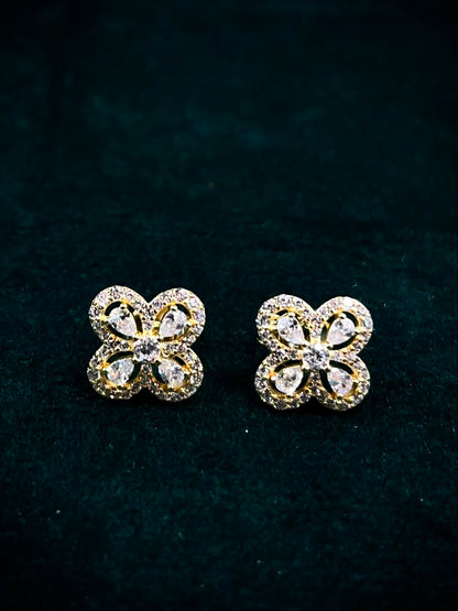 Luxury 925 Silver Gold-Plated Four-Leaf Clover CZ Stud Earrings