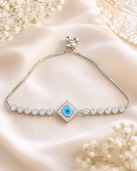 925 Sterling Silver Evil Eye Adjustable Tennis Bracelet for Women | Cubic Zirconia Luxury Bracelet