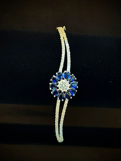 Royal Sapphire Bloom 925 Sterling Silver Bracelet – Luxury Floral Sparkle Cuff