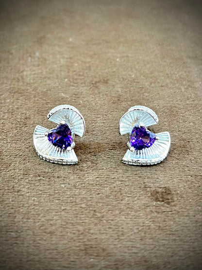 Silverya Amethyst Heart Fan Stud Earrings – 925 Sterling Silver
