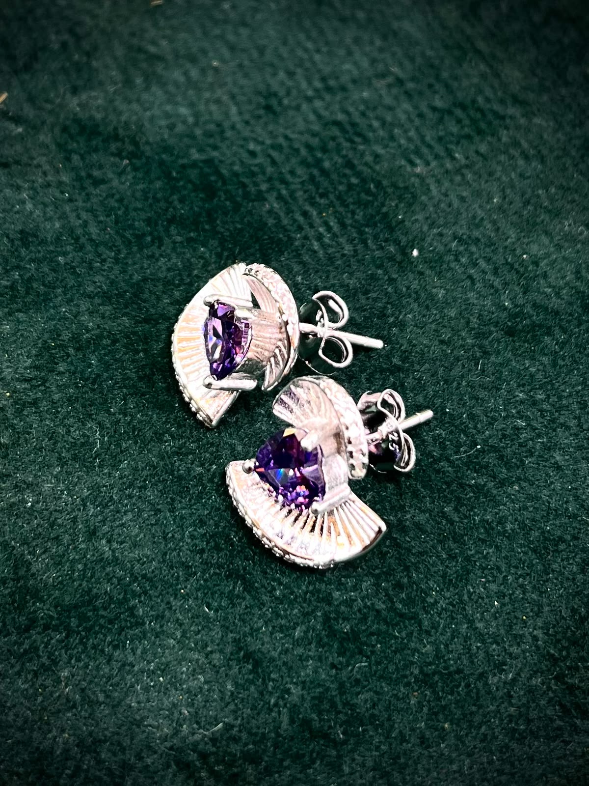 Silverya Amethyst Heart Fan Stud Earrings – 925 Sterling Silver