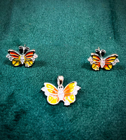 Golden Flutter 925 Sterling Silver Butterfly Pendant & Earrings Set