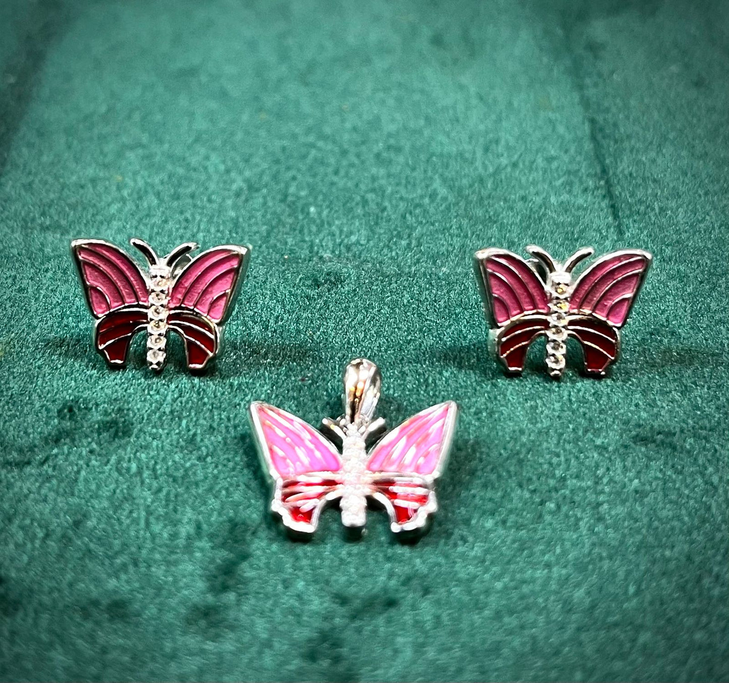 Rose Flutter 925 Sterling Silver Butterfly Pendant & Earrings Set