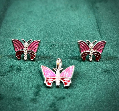 Rose Flutter 925 Sterling Silver Butterfly Pendant & Earrings Set