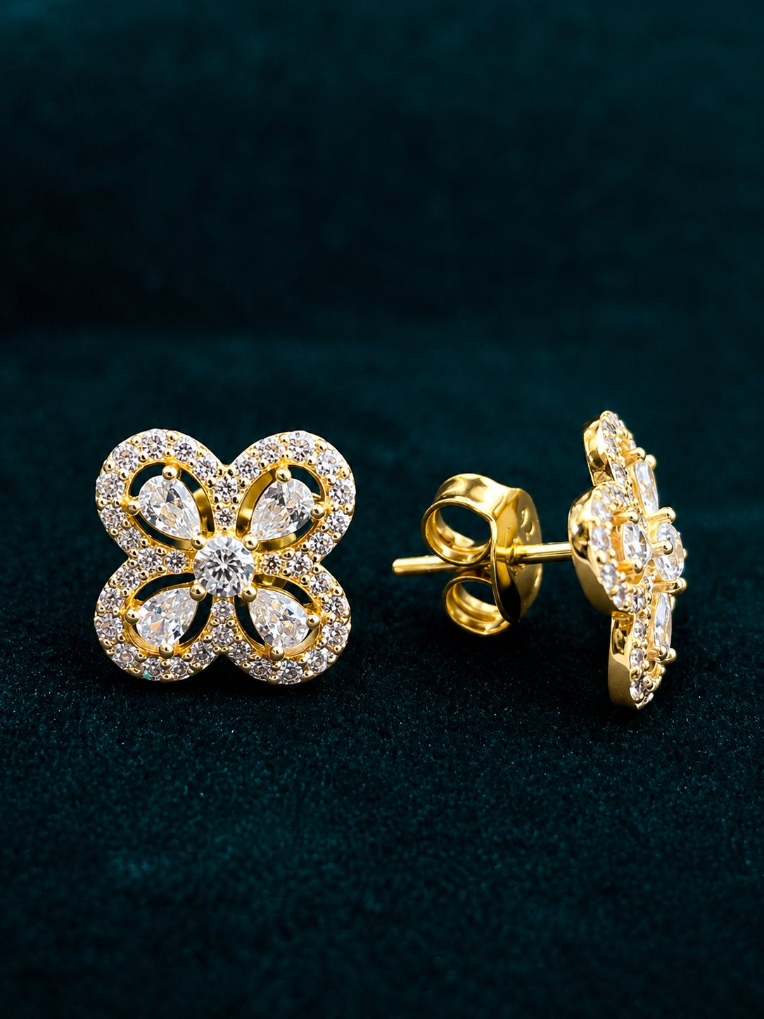 Luxury 925 Silver Gold-Plated Four-Leaf Clover CZ Stud Earrings