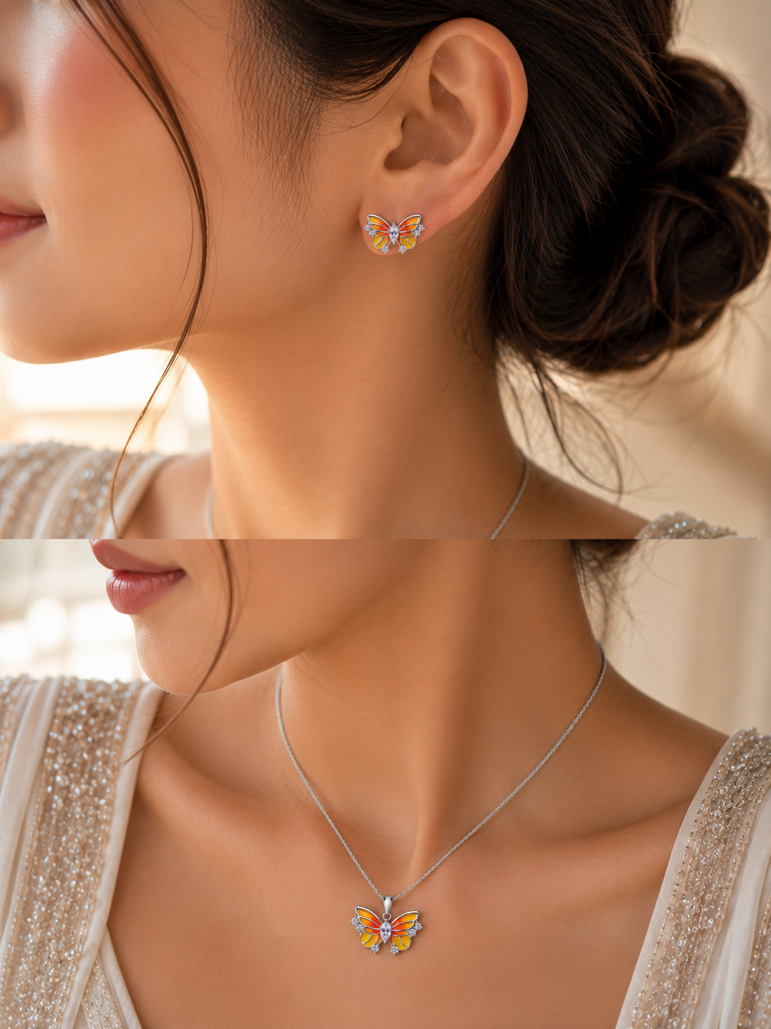 Golden Flutter 925 Sterling Silver Butterfly Pendant & Earrings Set with Chain for Women
