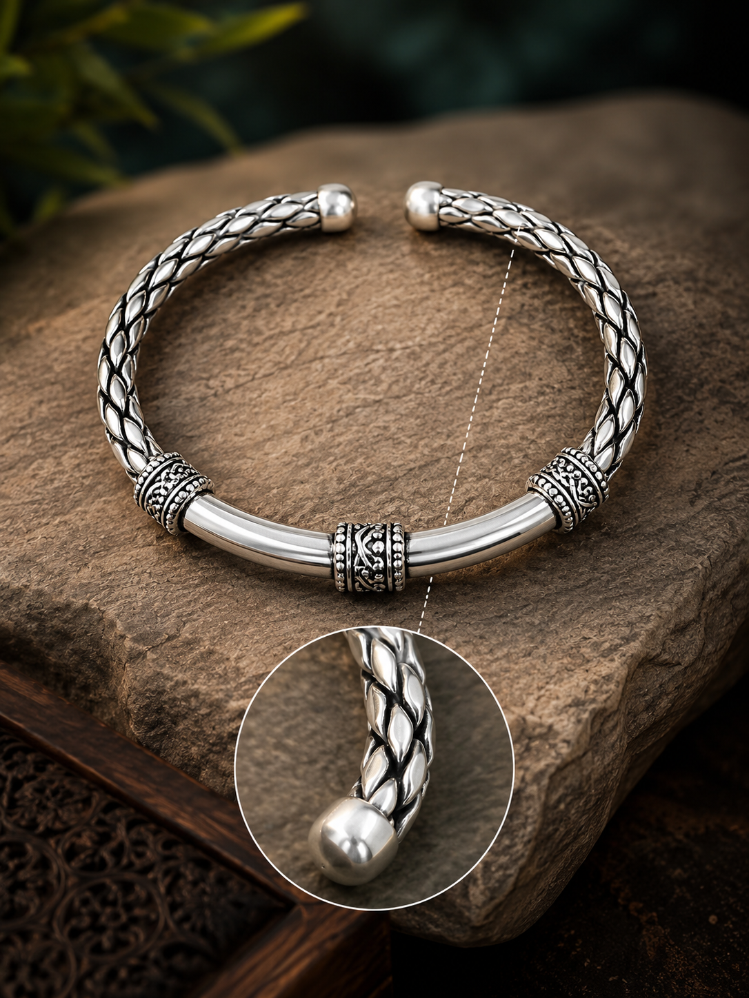 Vintage Oxidized Braided Silver Kada Bracelet