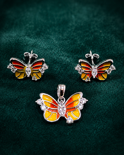 Golden Flutter 925 Sterling Silver Butterfly Pendant & Earrings Set