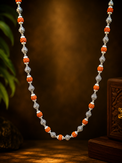 925 Sterling Silver Om Rudraksha Mala – Sacred Spiritual Necklace for Men & Women