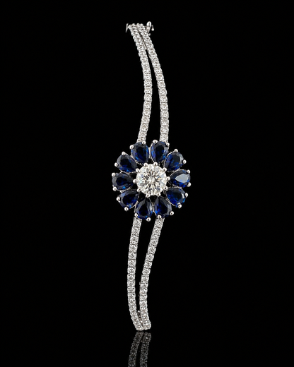 Royal Sapphire Bloom 925 Sterling Silver Bracelet – Luxury Floral Sparkle Cuff