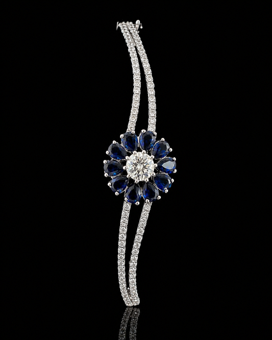 Royal Sapphire Bloom 925 Sterling Silver Bracelet – Luxury Floral Sparkle Cuff