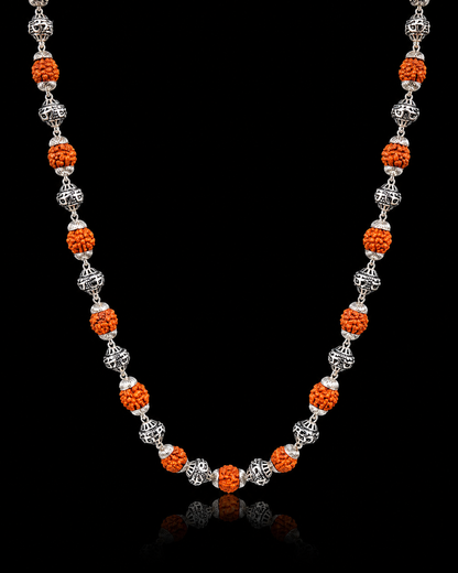 925 Sterling Silver Om Rudraksha Mala – Sacred Spiritual Necklace for Men & Women