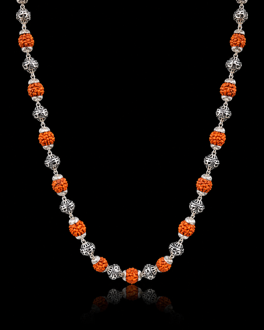 925 Sterling Silver Om Rudraksha Mala – Sacred Spiritual Necklace for Men & Women
