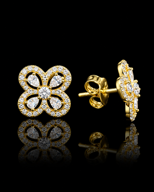 Luxury 925 Silver Gold-Plated Four-Leaf Clover CZ Stud Earrings