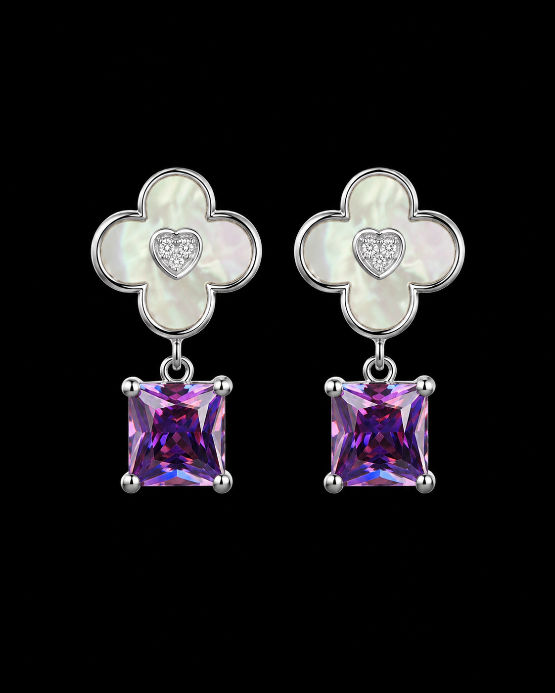 Silverya Clover Amethyst Drop Earrings – 925 Sterling Silver