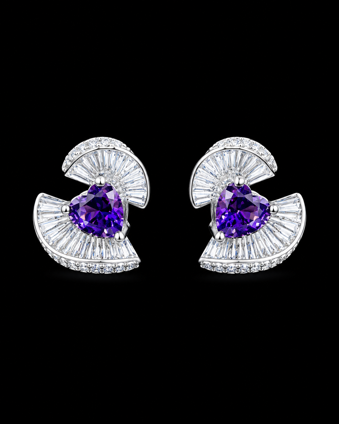 Silverya Amethyst Heart Fan Stud Earrings – 925 Sterling Silver