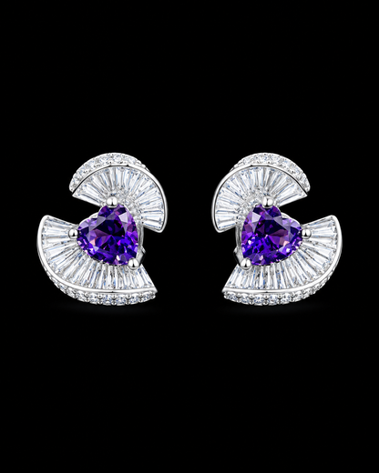 Silverya Amethyst Heart Fan Stud Earrings – 925 Sterling Silver