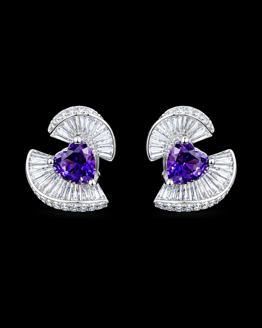 Silverya Amethyst Heart Fan Stud Earrings – 925 Sterling Silver