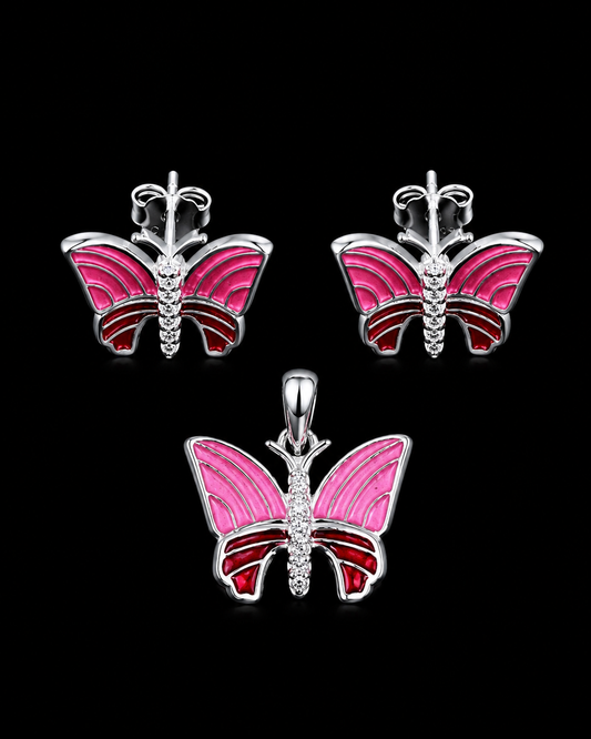 Rose Flutter 925 Sterling Silver Butterfly Pendant & Earrings Set