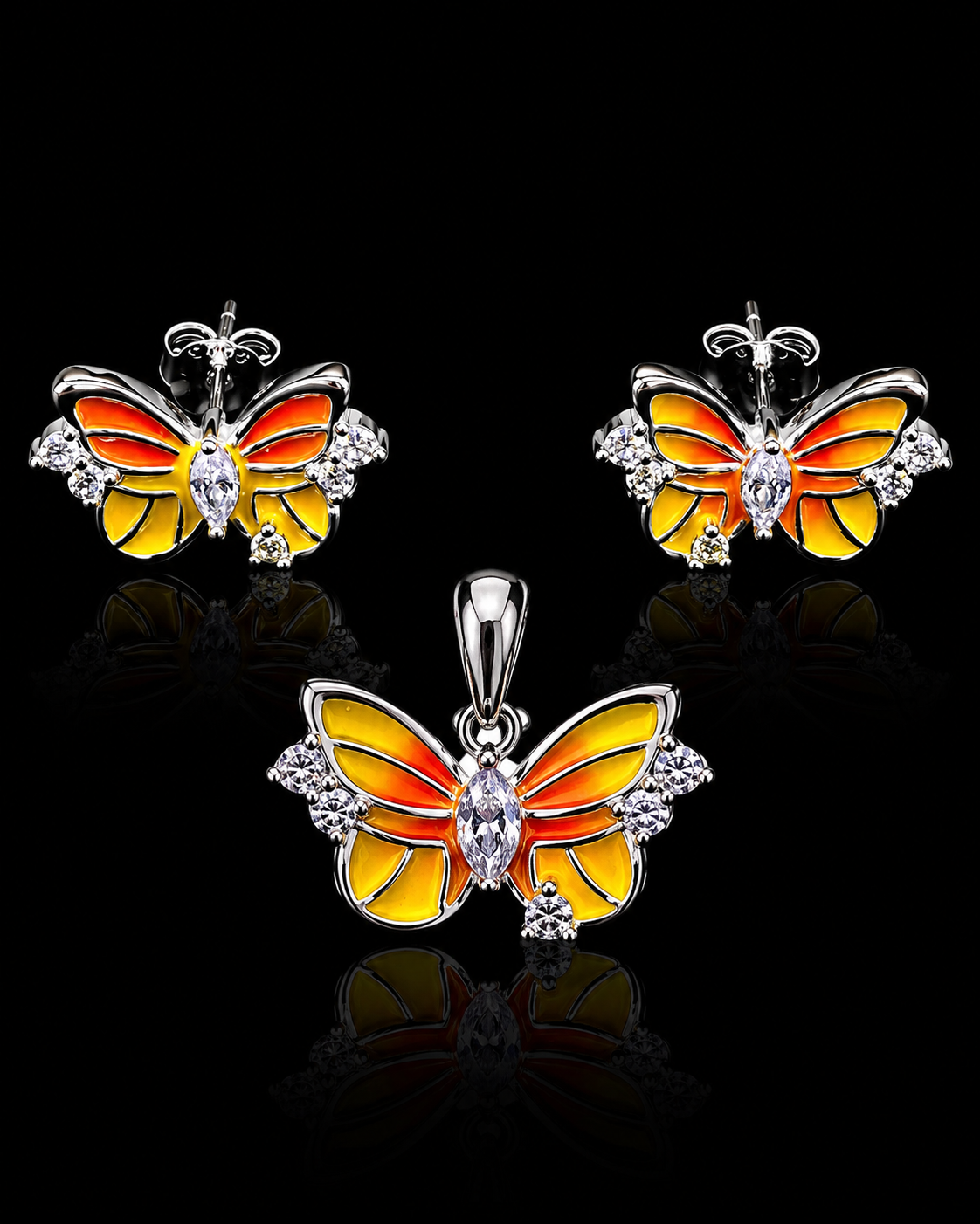 Golden Flutter 925 Sterling Silver Butterfly Pendant & Earrings Set with Chain for Women
